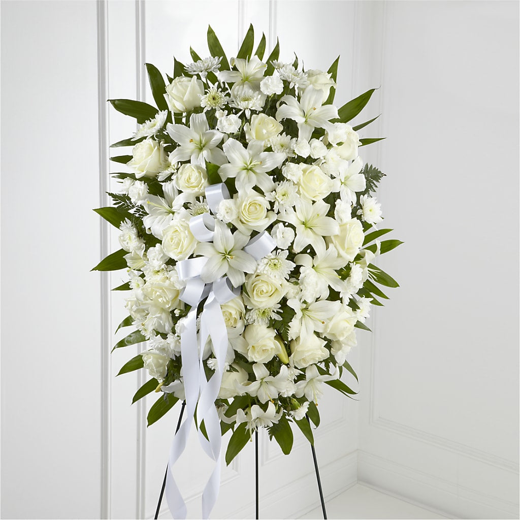 Exquisite Tribute Standing Spray-White Ribbon – Unique Designs Llc, Fulton MO