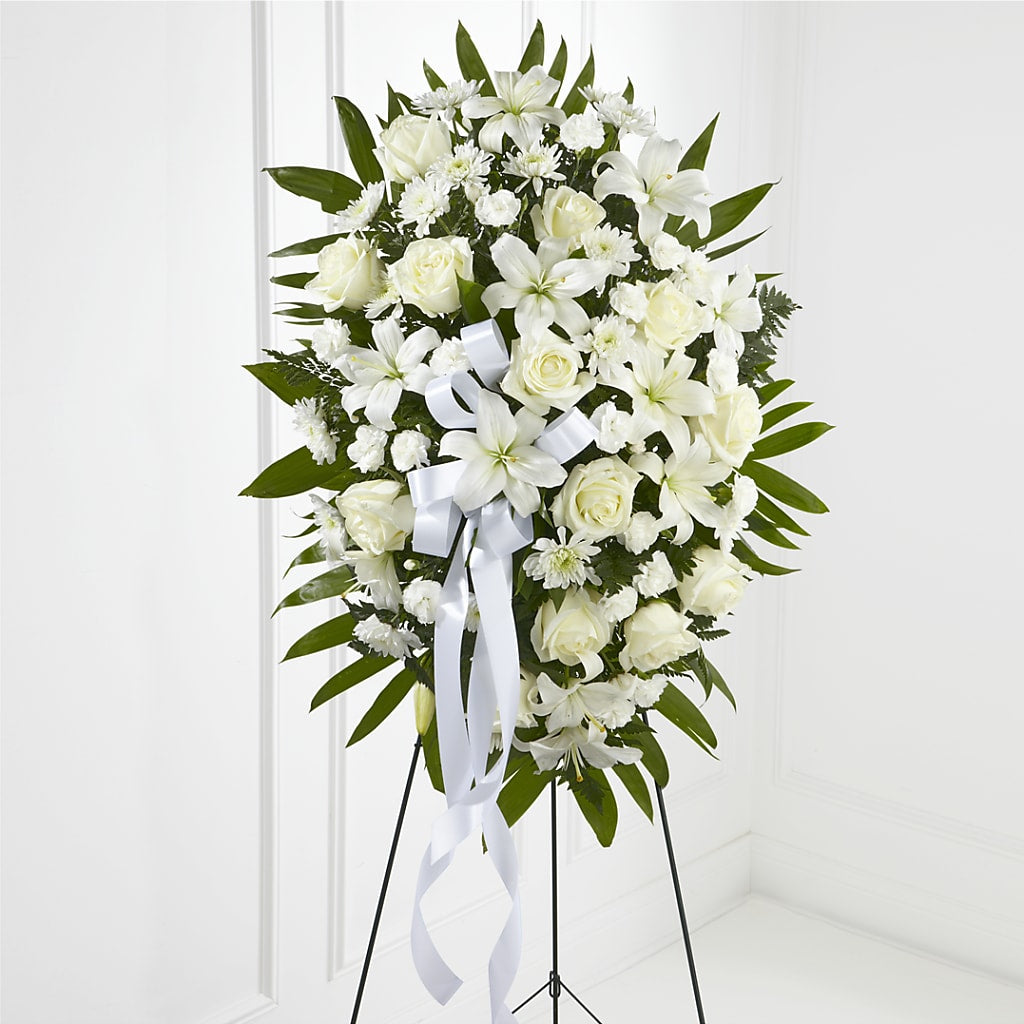 Exquisite Tribute Standing Spray-White Ribbon – Unique Designs Llc, Fulton MO