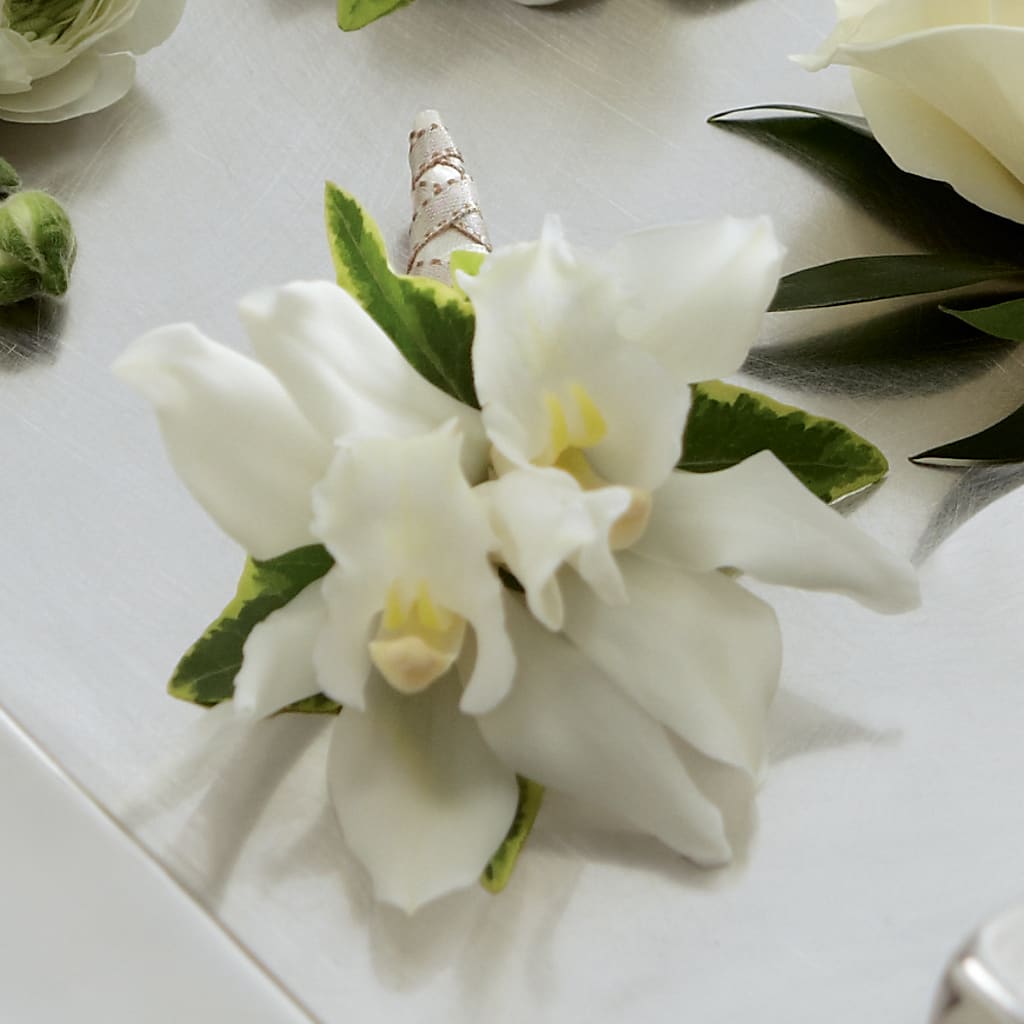 White Mini Cymbidium Boutonniere – Unique Designs Llc, Fulton MO